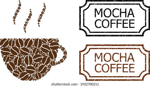 Collage coffee cup united from cacao grain, and grunge Mocha Coffee rectangle badges with notches. Vector coffee elements are organized into abstract collage coffee cup icon with brown color.