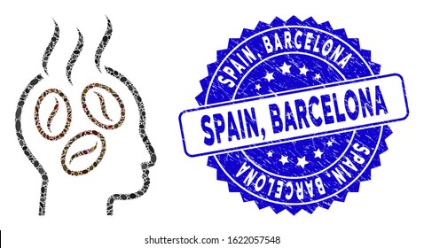 Collage coffee dreams head icon and distressed stamp seal with Spain, Barcelona phrase. Mosaic vector is designed with coffee dreams head icon and with scattered ellipse elements. Spain,