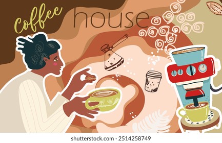 Collage coffee lovers, people characters, coffee supplies, background, template, web design, Inspiration, idea, trendy style. Background, template, banner. Hand drawn vector illustration. 