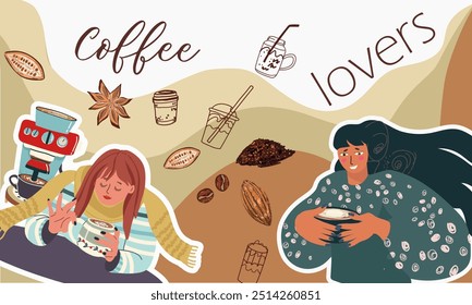 Collage coffee lovers, people characters, coffee supplies, background, template, web design, Inspiration, idea, trendy style. Background, template, banner. Hand drawn vector illustration. 