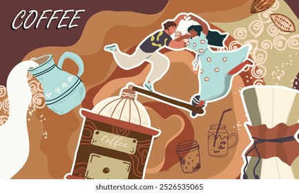 Collage coffee lovers, people characters, coffee supplies, background, template, web design, Inspiration, idea, trendy style. Background, template, banner. Hand drawn vector illustration. 