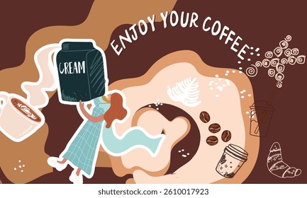 Collage coffee lovers, people characters, coffee supplies, background, template, web design, Inspiration, idea, trendy style. Background, template, banner. Hand drawn vector illustration. 