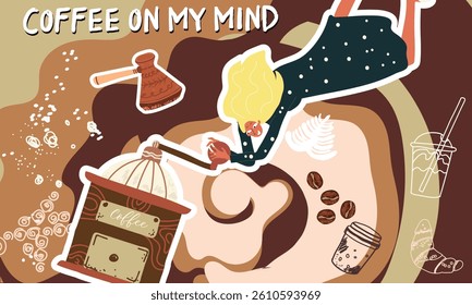 Collage coffee lovers, people characters, coffee supplies, background, template, web design, Inspiration, idea, trendy style. Background, template, banner. Hand drawn vector illustration. 