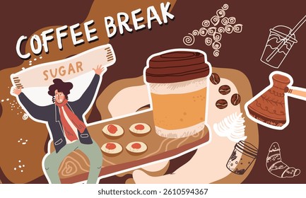 Collage coffee lovers, people characters, coffee supplies, background, template, web design, Inspiration, idea, trendy style. Background, template, banner. Hand drawn vector illustration. 