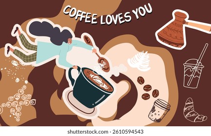 Collage coffee lovers, people characters, coffee supplies, background, template, web design, Inspiration, idea, trendy style. Background, template, banner. Hand drawn vector illustration. 