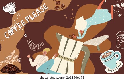 Collage coffee lovers, people characters, coffee supplies, background, template, web design, Inspiration, idea, trendy style. Background, template, banner. Hand drawn vector illustration. 