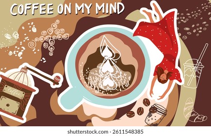Collage coffee lovers, people characters, coffee supplies, background, template, web design, Inspiration, idea, trendy style. Background, template, banner. Hand drawn vector illustration. 