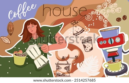 Collage coffee lovers, people characters, coffee supplies, background, template, web design, Inspiration, idea, trendy style. Background, template, banner. Hand drawn vector illustration. 