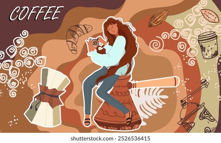 Collage coffee lovers, woman character, on top of a coffee pot, coffee supplies, background, template, Inspiration, idea, trendy style. Background, template, banner. Hand drawn vector illustration.