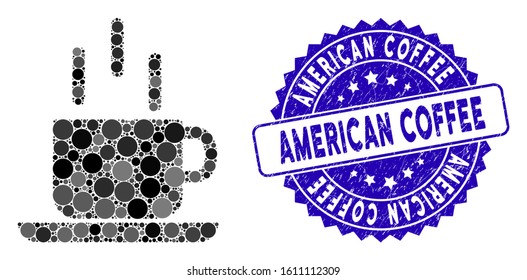 Collage coffee mug icon and corroded stamp seal with American Coffee caption. Mosaic vector is created with coffee mug icon and with random spheric elements.