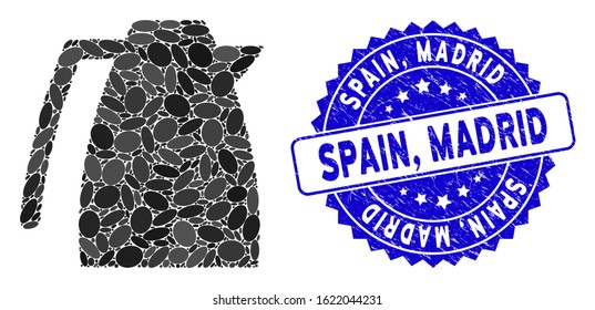Collage coffee pot icon and grunge stamp seal with Spain, Madrid caption. Mosaic vector is designed with coffee pot pictogram and with scattered elliptic items. Spain,
