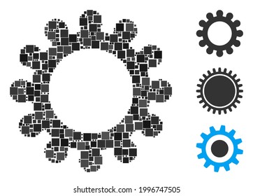 Icono de Cog de colección compuesto por elementos cuadrados de varios tamaños y tonos de color. Los elementos cuadrados vectoriales se agrupan en un icono de código de collage abstracto. Se añaden pictogramas bonificados.