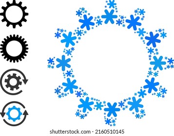 Collage Cogwheel Icon Is Organized For Winter, New Year, Christmas. Cogwheel Icon Mosaic Is Made From Light Blue Snow Icons. Some Similar Icons Are Added.