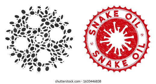 Collage cogwheel icon and red round grunge stamp seal with Snake Oil caption and coronavirus symbol. Mosaic vector is formed with cogwheel icon and with random oval spots.