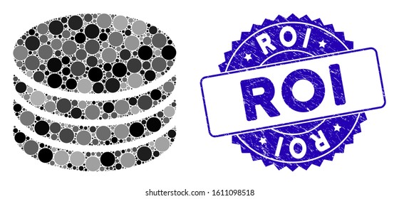 Collage coin stack icon and distressed stamp watermark with Roi text. Mosaic vector is composed with coin stack icon and with scattered circle items. Roi stamp uses blue color, and grunged surface.