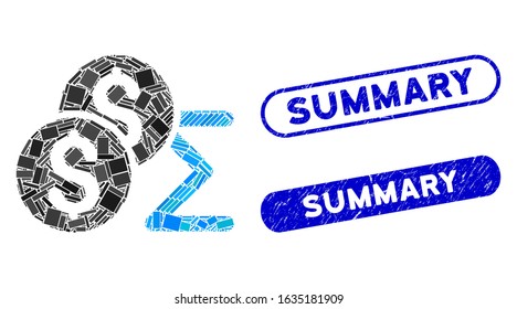 Collage coin summary and rubber stamp seals with Summary caption. Mosaic vector coin summary is designed with randomized rectangle items. Summary stamp seals use blue color,
