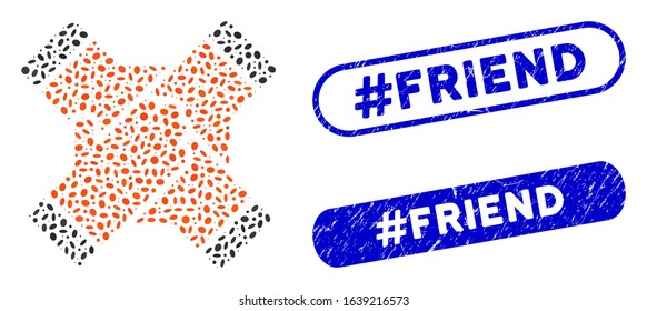 Collage collaboration hands and rubber stamp seals with #Friend text. Mosaic vector collaboration hands is formed with randomized oval elements. #Friend stamp seals use blue color,