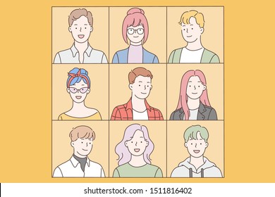 Collage, collection, variety, people set. Selection of a diversity of emotional male and female faces portraits. Young happy men and women, students or colleagues in a joint photo. Simple flat vector.