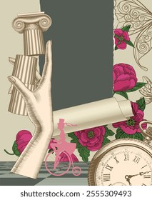 Collage in color engraving style with a hand holding an antique column, old pocket watch, torn paper frame, pink flowers and a silhouette of a woman riding an antique bicycle. Vector illustration