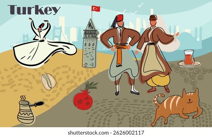 A collage with colorful art of Turkey, Istanbul, Turkish landmarks. Hand drawn vector line illustration. 