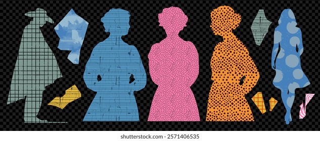 Collage of colorful paper silhouette of cowboy man and woman. Torn pieces with dot and line grid texture. Cutout element set on transparent background.