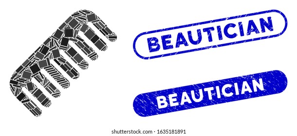 Collage comb and distressed stamp seals with Beautician phrase. Mosaic vector comb is designed with scattered rectangle items. Beautician stamp seals use blue color, and have round rectangle shape.