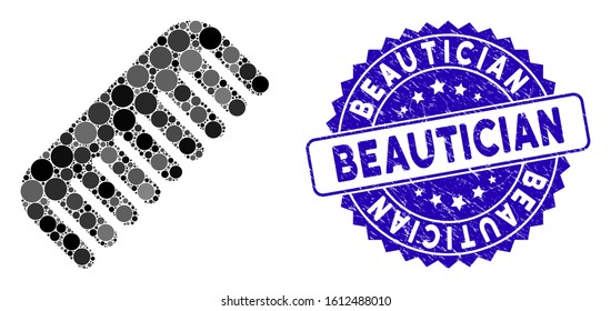 Collage comb icon and corroded stamp seal with Beautician text. Mosaic vector is formed with comb icon and with randomized circle items. Beautician stamp seal uses blue color, and rubber surface.