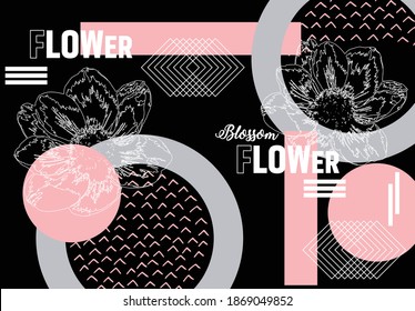 Collage combination of floral design with geometric shapes. Abstract elements in vivid and dynamic composition of an background texture.