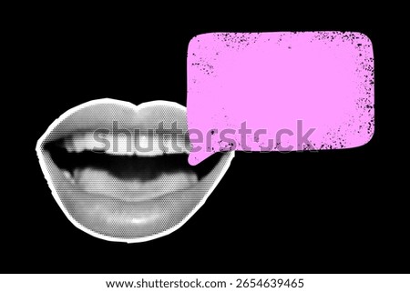 Collage combines cut-out female lips showcasing a halftone effect, accompanied by a grunge-textured speech bubble. The black background enhances the vibrant elements, creating an eye-catching visual.