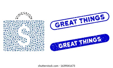 Collage commercial briefcase and distressed stamp seals with Great Things phrase. Mosaic vector commercial briefcase is composed with scattered elliptic elements.