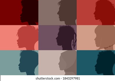 Collage community society diversity multiethnic people. Group side silhouette men and women of diverse culture and different countries. Harmony  friendship integration. Racial equality