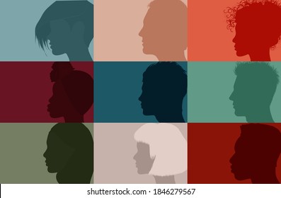 Collage Community Society Diversity Multiethnic People. Group Side Silhouette Men And Women Of Diverse Culture And Different Countries. Racial Equality. Harmony  Friendship Integration