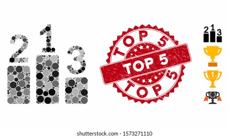 Collage competition levels icon and grunge stamp seal with Top 5 text. Mosaic vector is designed with competition levels icon and with scattered circle elements. Top 5 stamp seal uses red color,