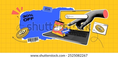 Collage concept online shopping and delivery, illustration money on yellow background. Contemporary banner with computer, bag, halftone hand. Advertising for season sales and discounts. Vector Element