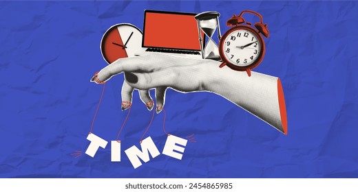 A collage of the concept of time management. Halftone hand manipulator. On blue background with crumpled paper.