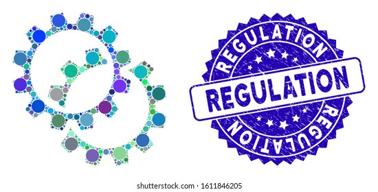 Collage configuration gears icon and corroded stamp seal with Regulation caption. Mosaic vector is composed with configuration gears icon and with randomized circle spots.