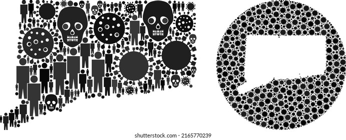 Collage Connecticut State map organized from flu virus elements and population and skull elements. Flu virus Connecticut State map collage composed with sphere and subtracted shape.