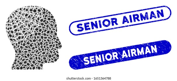 Cabeza conservadora collage y sellos de sellos angustiados con leyenda Senior Airman. La cabeza del conservador del vector mosaico está formada por elementos elípticos dispersos. Los sellos para sellos para sellos de alta graduación de Airman utilizan color azul,