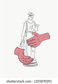 Collage contemporary art. Marble statue of goddess. Sculpture renaissance Woman. Human hands in poses.