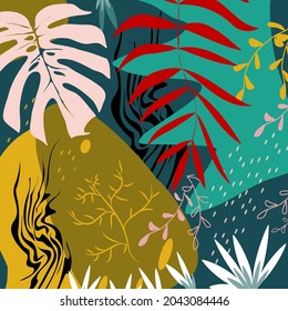 Collage contemporary background from leaves. Modern exotic jungle plants. Illustrations in vector.