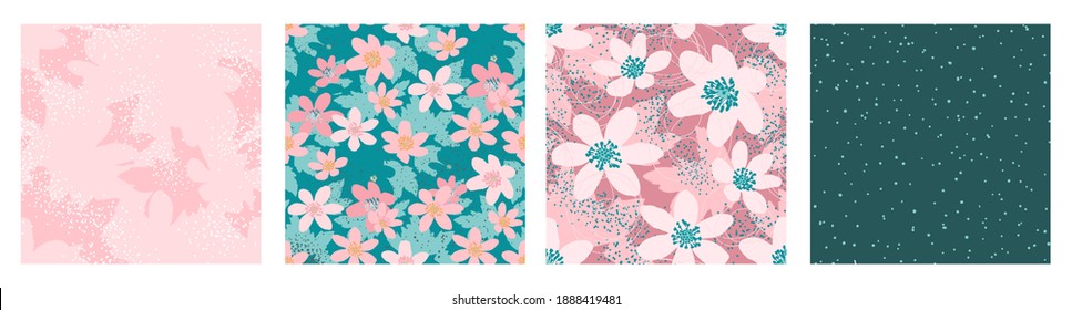 Collage contemporary floral and dot shapes seamless pattern set. Modern anemone pattern design for paper, cover, fabric, interior decor and other.