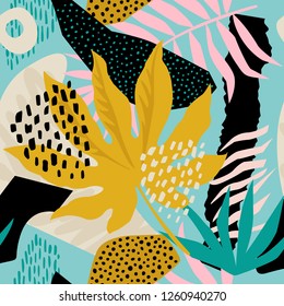Collage contemporary floral hawaiian pattern in vector. Seamless surface design.