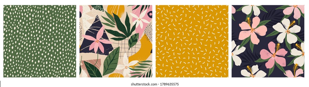 Collage contemporary floral and polka dot shapes seamless pattern set. Mid Century Modern Art design for paper, cover, fabric, interior decor and other users. - Shutterstock ID 1789635575