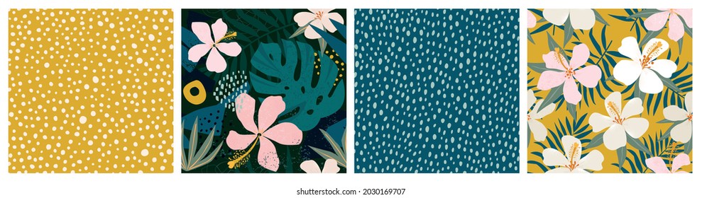 Collage contemporary floral and polka dot shapes seamless pattern set. Modern exotic design for paper, cover, fabric, interior decor and other users.