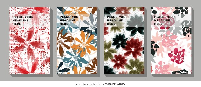 Collage contemporary floral and polka dot shapes seamless pattern set.  Spring green square backgrounds. 