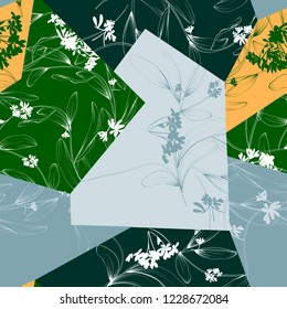 Collage contemporary floral seamless pattern. Modern exotic jungle fruits and plants illustration in vector.