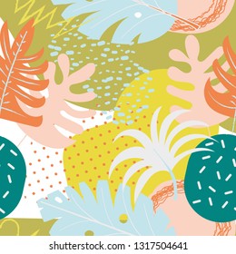 Collage contemporary floral seamless pattern. Modern exotic jungle fruits and plants. Creative design leaves pattern, hand drawn watercolor vector illustration. Monstera print