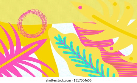 Collage contemporary floral seamless pattern. Modern exotic jungle fruits and plants. Creative design leaves pattern, hand drawn watercolor vector illustration. Monstera print