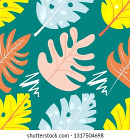 Collage contemporary floral seamless pattern. Modern exotic jungle fruits and plants. Creative design leaves pattern, hand drawn watercolor vector illustration. Monstera print