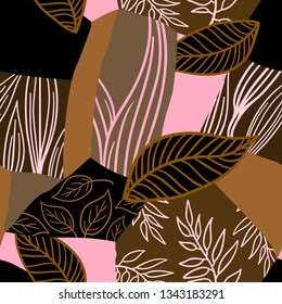 Collage contemporary floral seamless pattern. Abstract modern endless ornament of exotic jungle plants leaves. Vector colorful background.